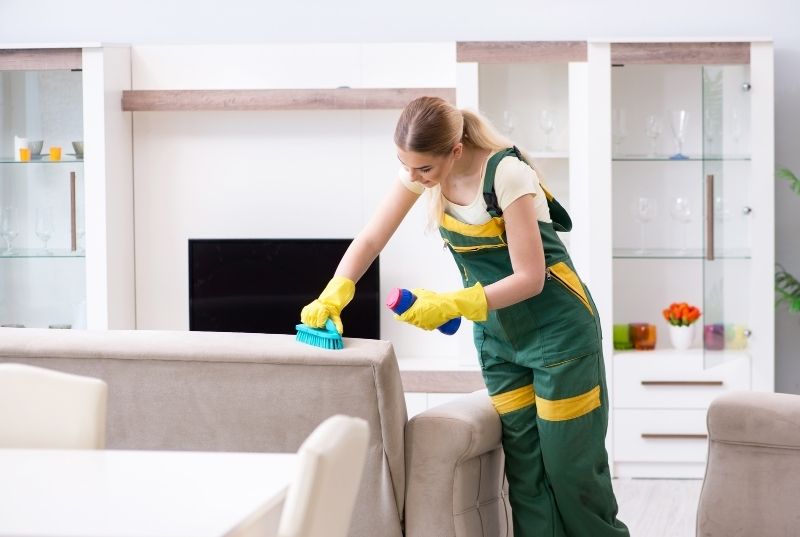 Maid brushing a fabric sofa for a house cleaning services in Newcastle