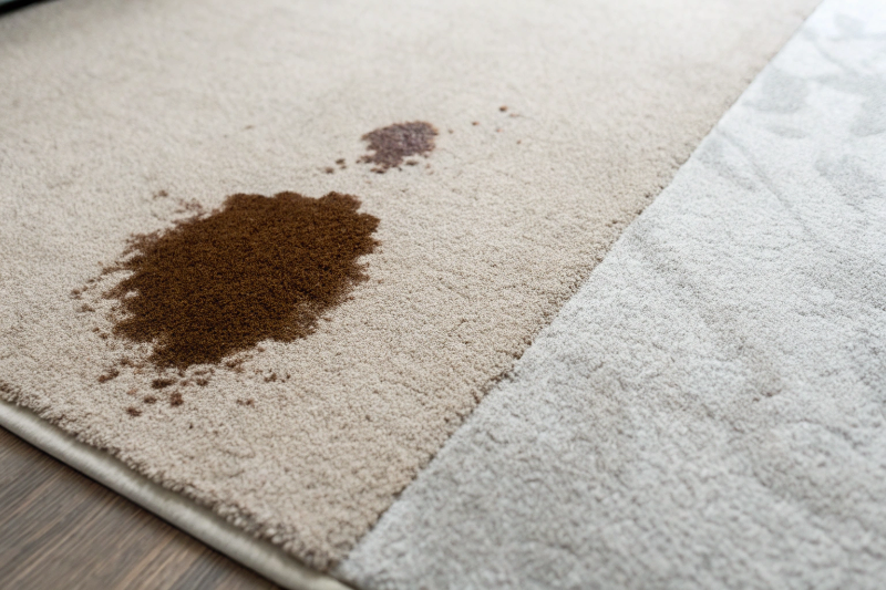 Close-up of coffee stain on grey carpet before and after professional stain removal treatment Newcastle