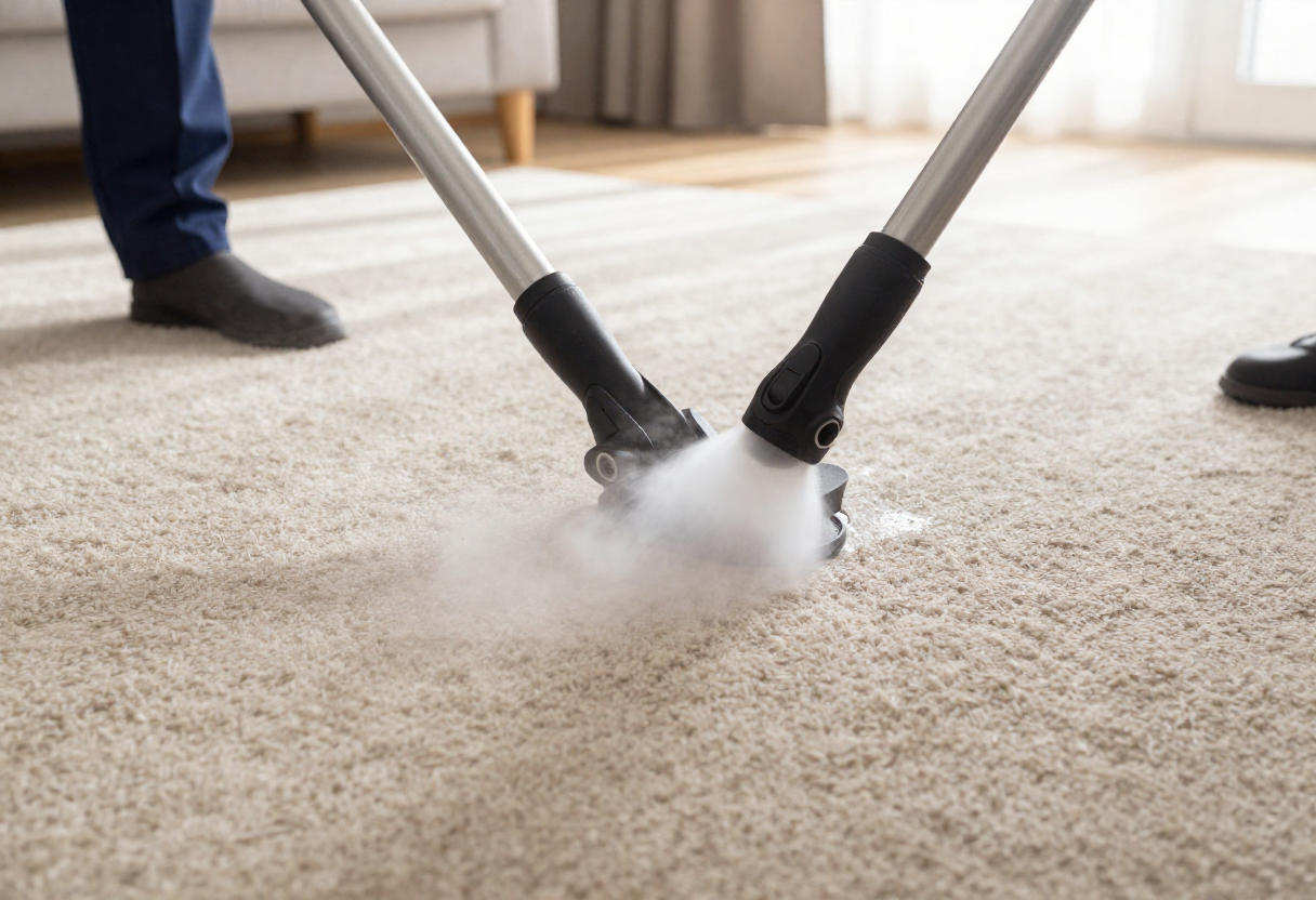 carpet steam cleaning wand being pushed across a residential carpet