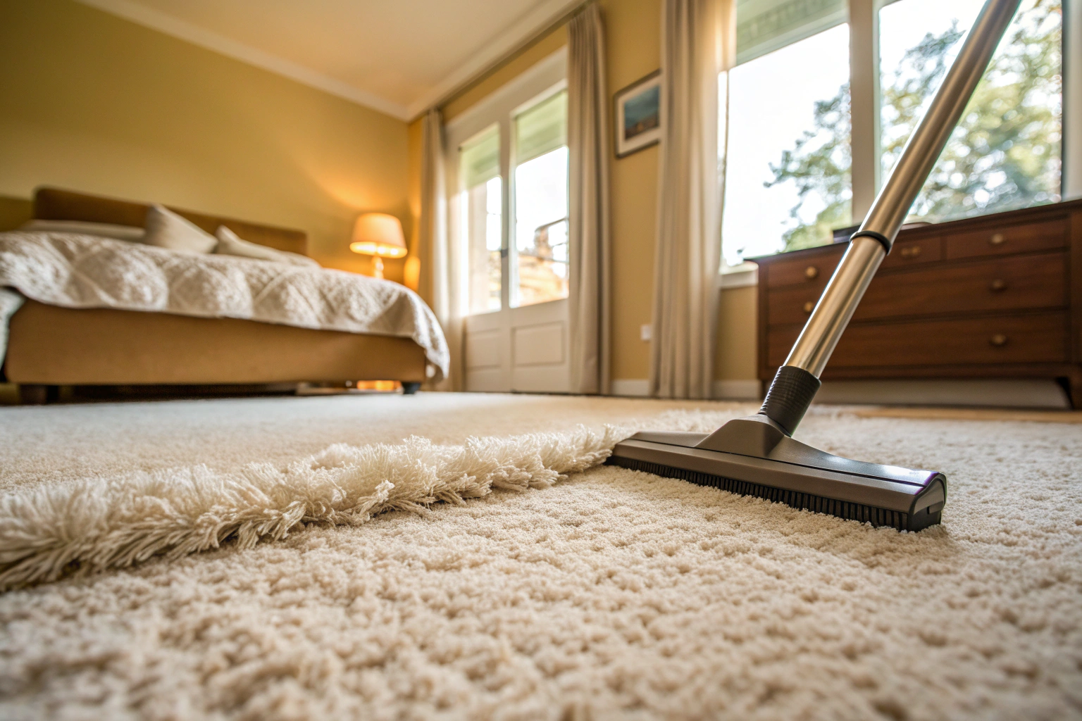 Freshly steam cleaned carpet in vacant Newcastle rental bedroom ready for final inspection