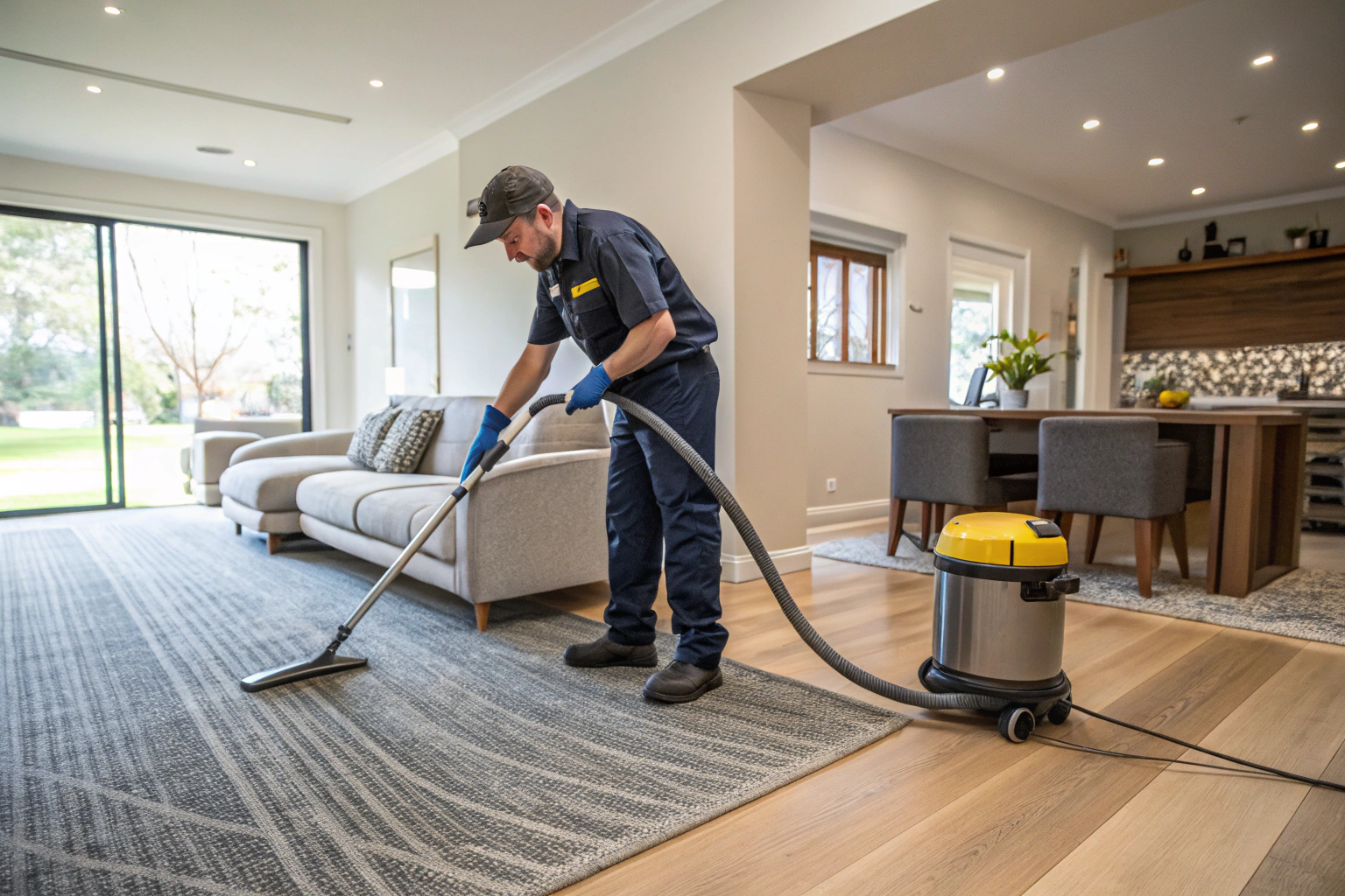 Carpet cleaning technician using hot water extraction equipment on residential lounge room carpet in Newcastle