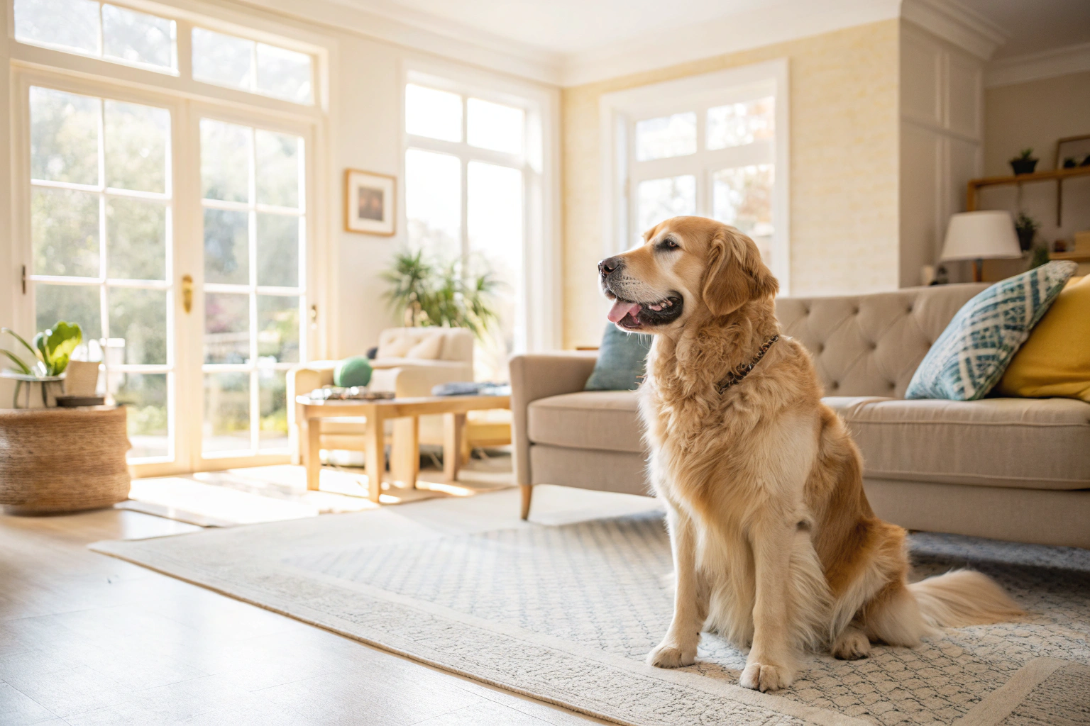 Golden retriever sitting on freshly cleaned carpet in Newcastle family home