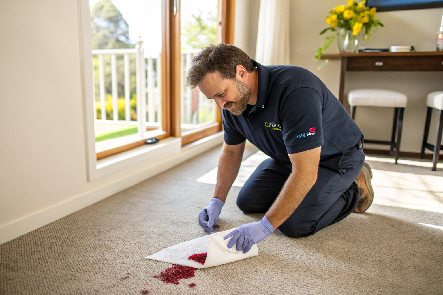 Professional carpet stain removal technician treating red wine stain on beige carpet in Newcastle home
