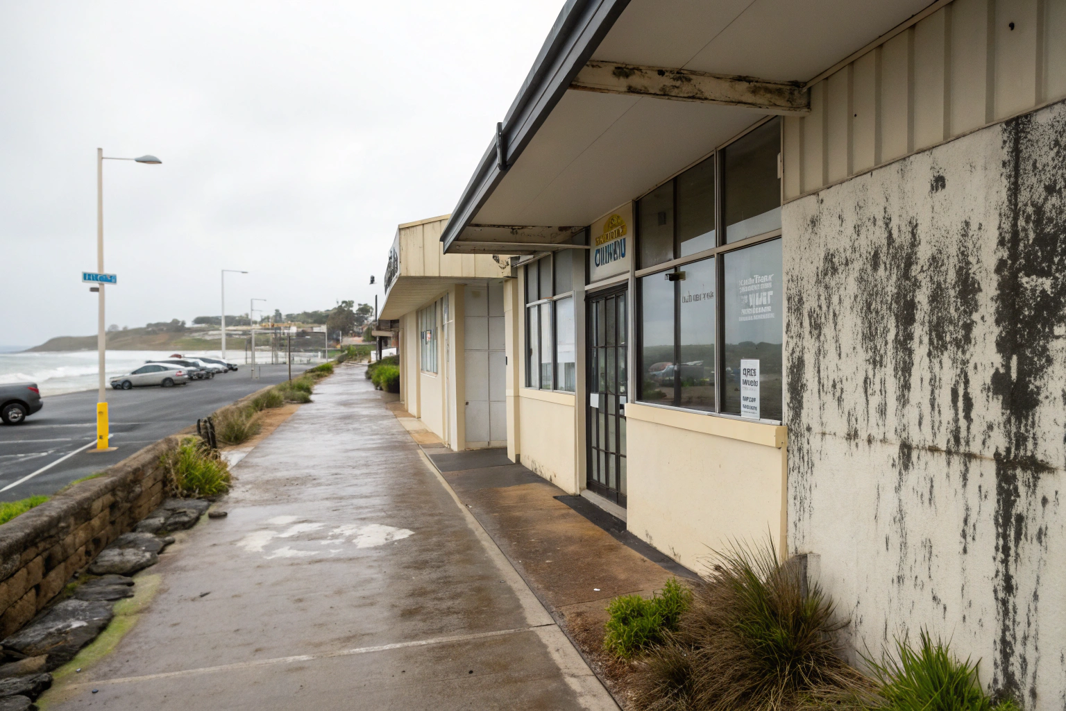 Salt air mould damage on commercial building facade Newcastle