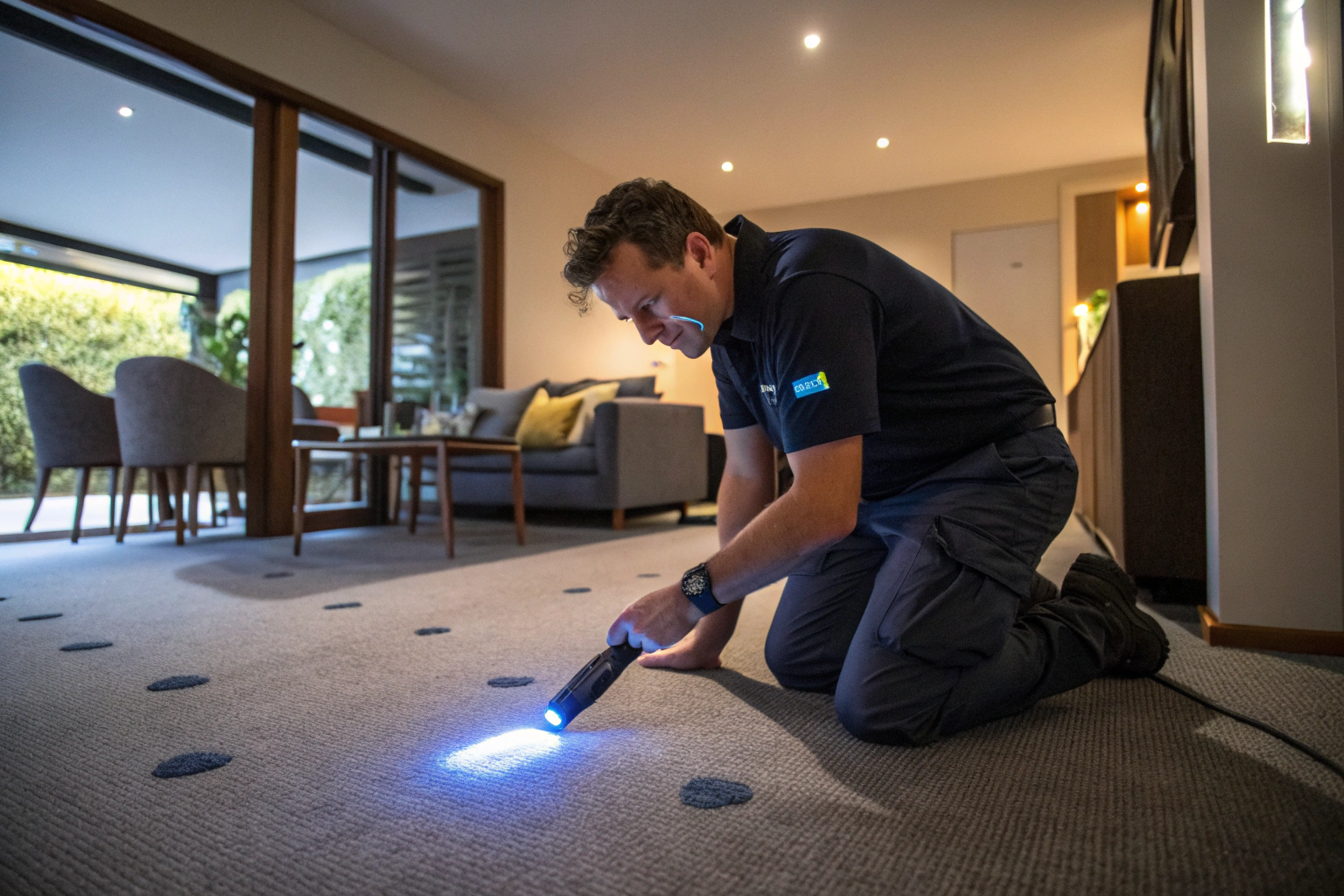 Carpet technician using UV black light to detect hidden pet urine stains on Newcastle home carpet