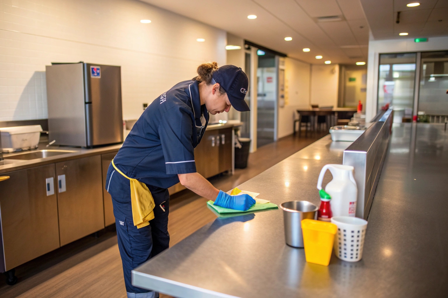 Professional cleaner sanitizing office kitchen during commercial cleaning service Newcastle