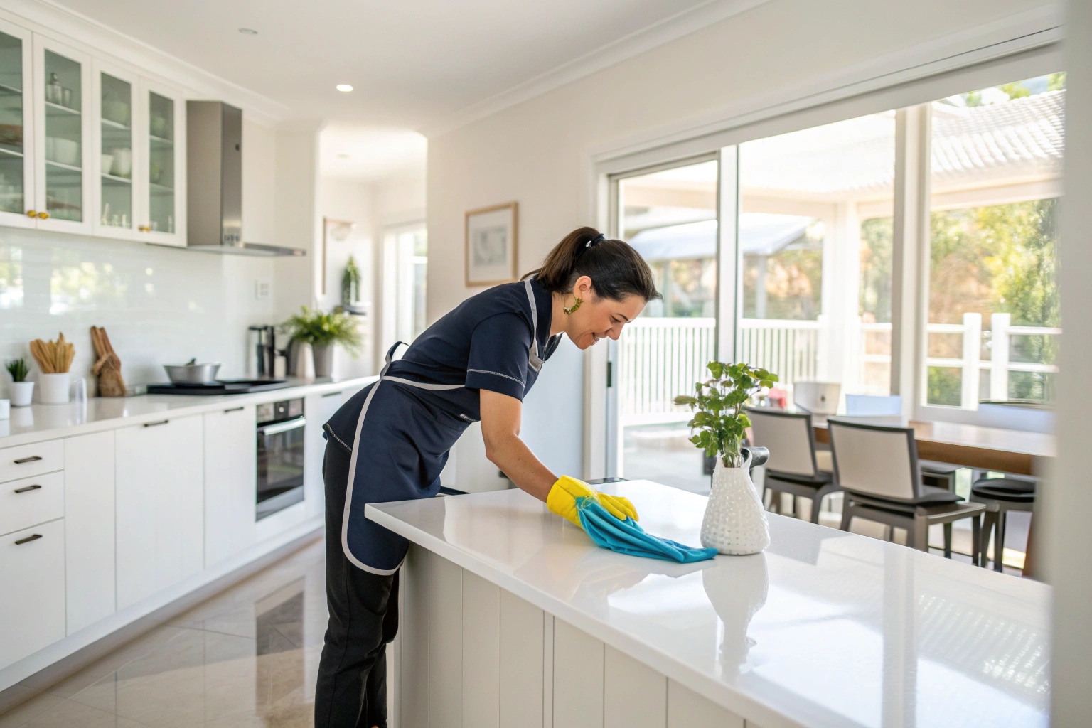 Professional end of lease cleaner cleaning kitchen benchtop in Cardiff rental property
