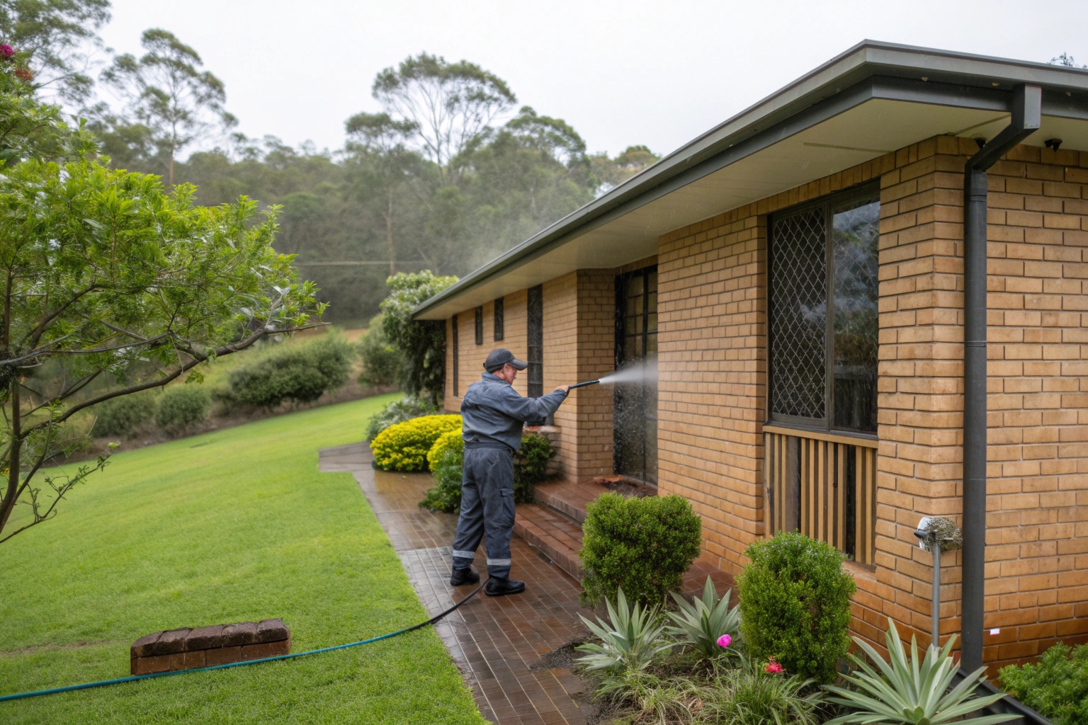 Professional house washing technician soft washing brick home exterior in Newcastle