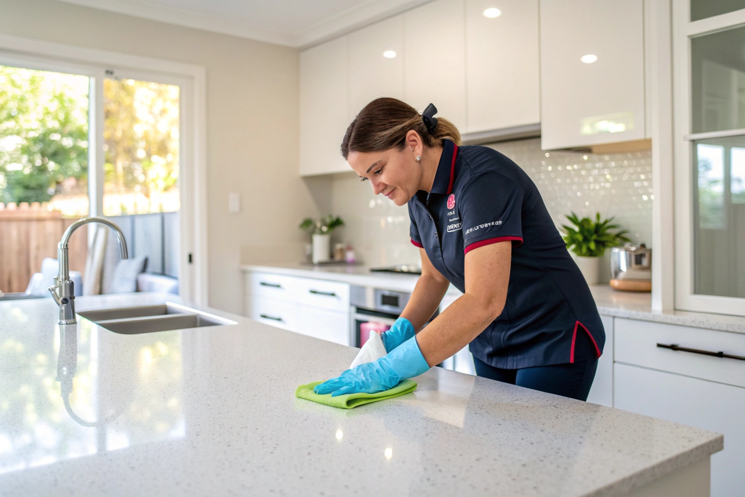Professional end of lease cleaner cleaning kitchen benchtop in Newcastle rental home