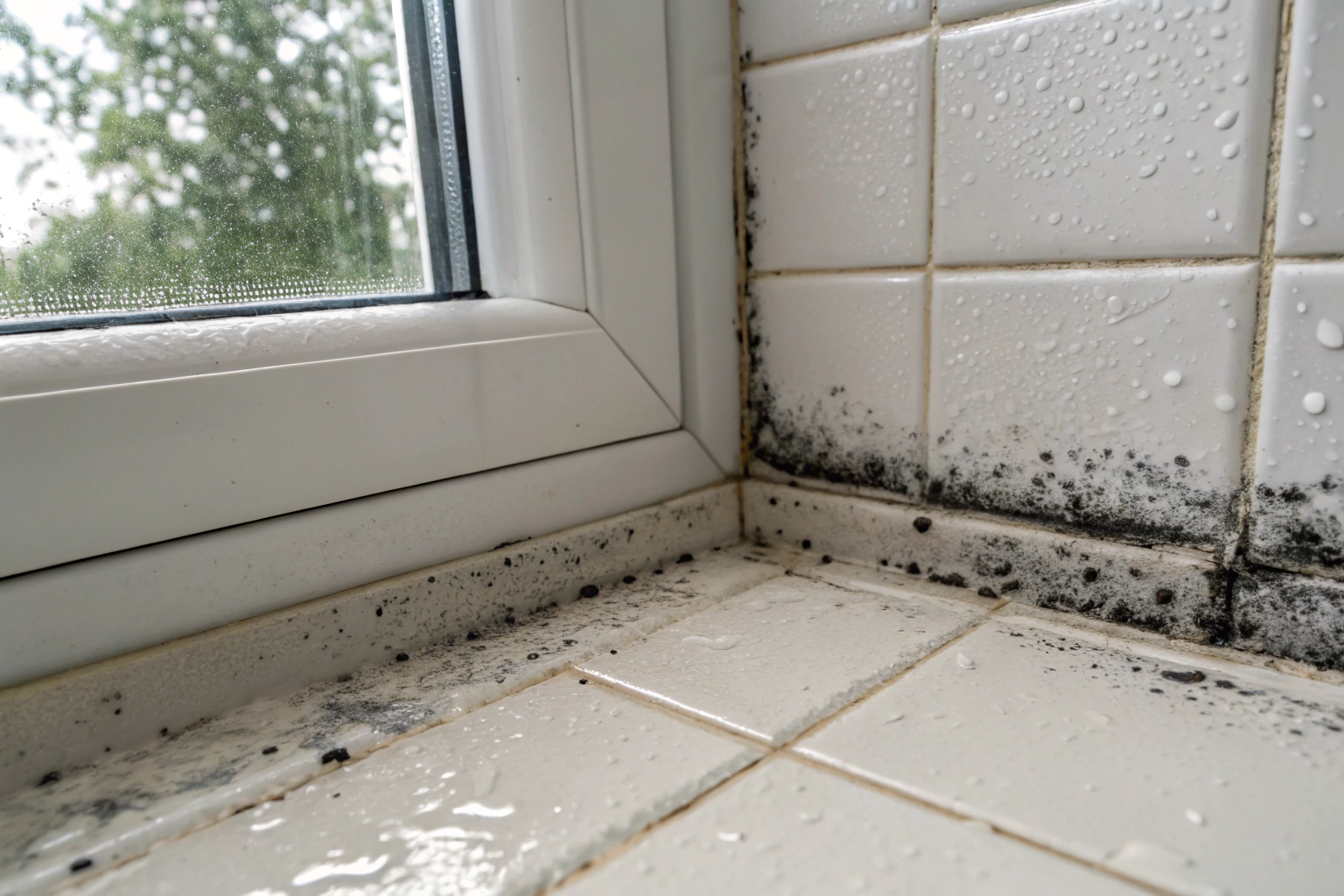 Black mould growing in bathroom tile grout lines in a Newcastle home