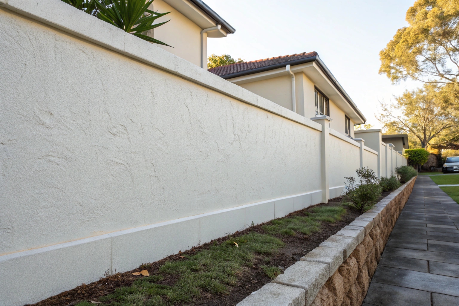 Clean rendered wall after soft wash exterior cleaning service in Newcastle NSW