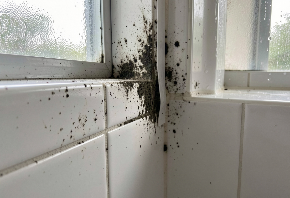dark mould growth on white ceramic bathroom tile