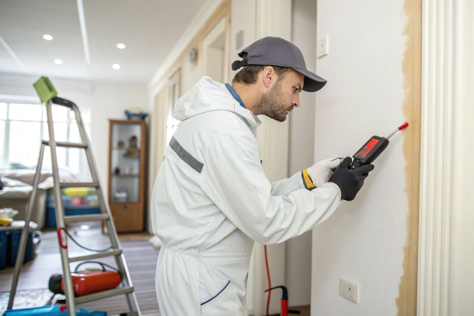 Professional testing wall moisture levels during mould assessment Newcastle home
