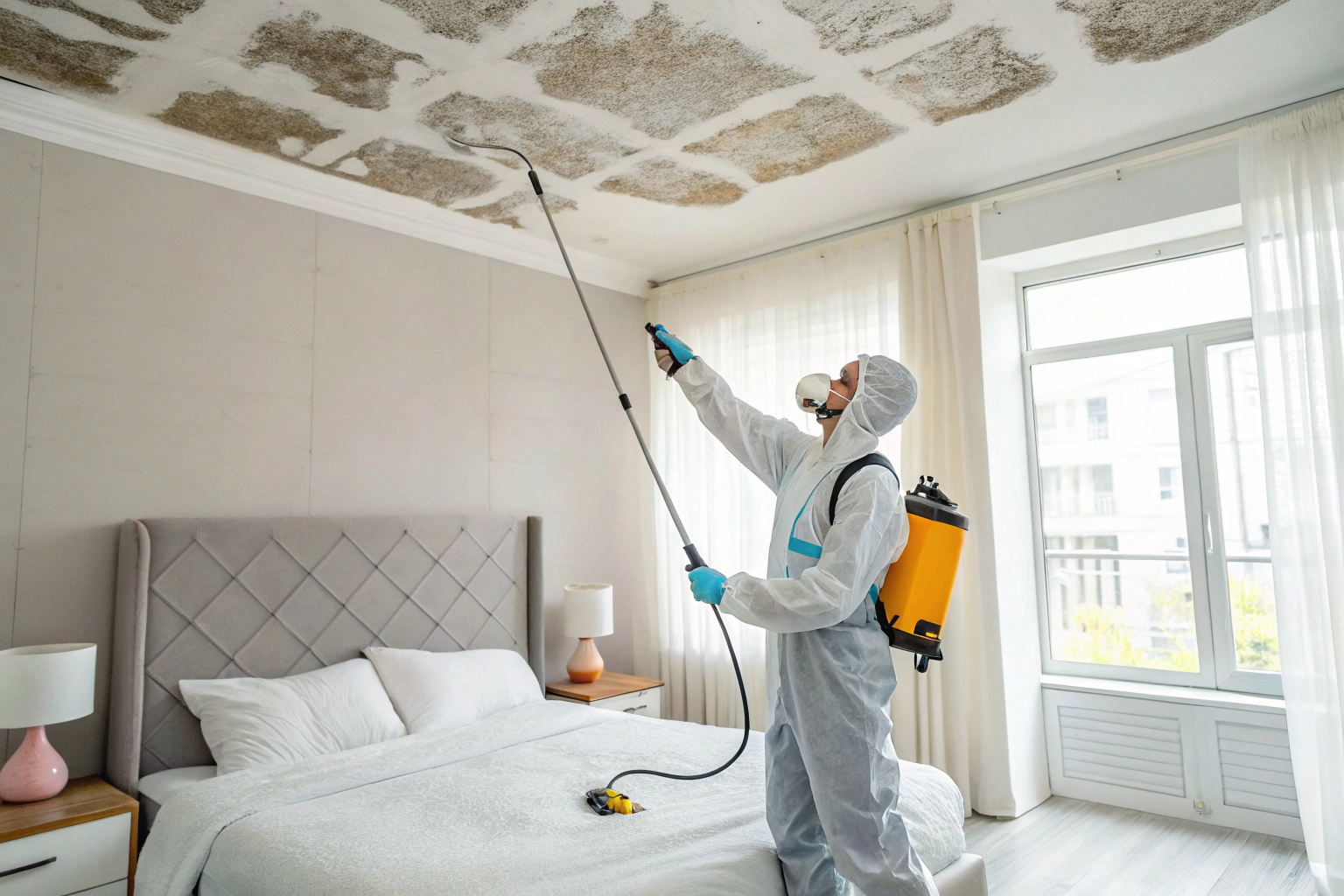 Professional applying mould treatment to residential ceiling in Newcastle