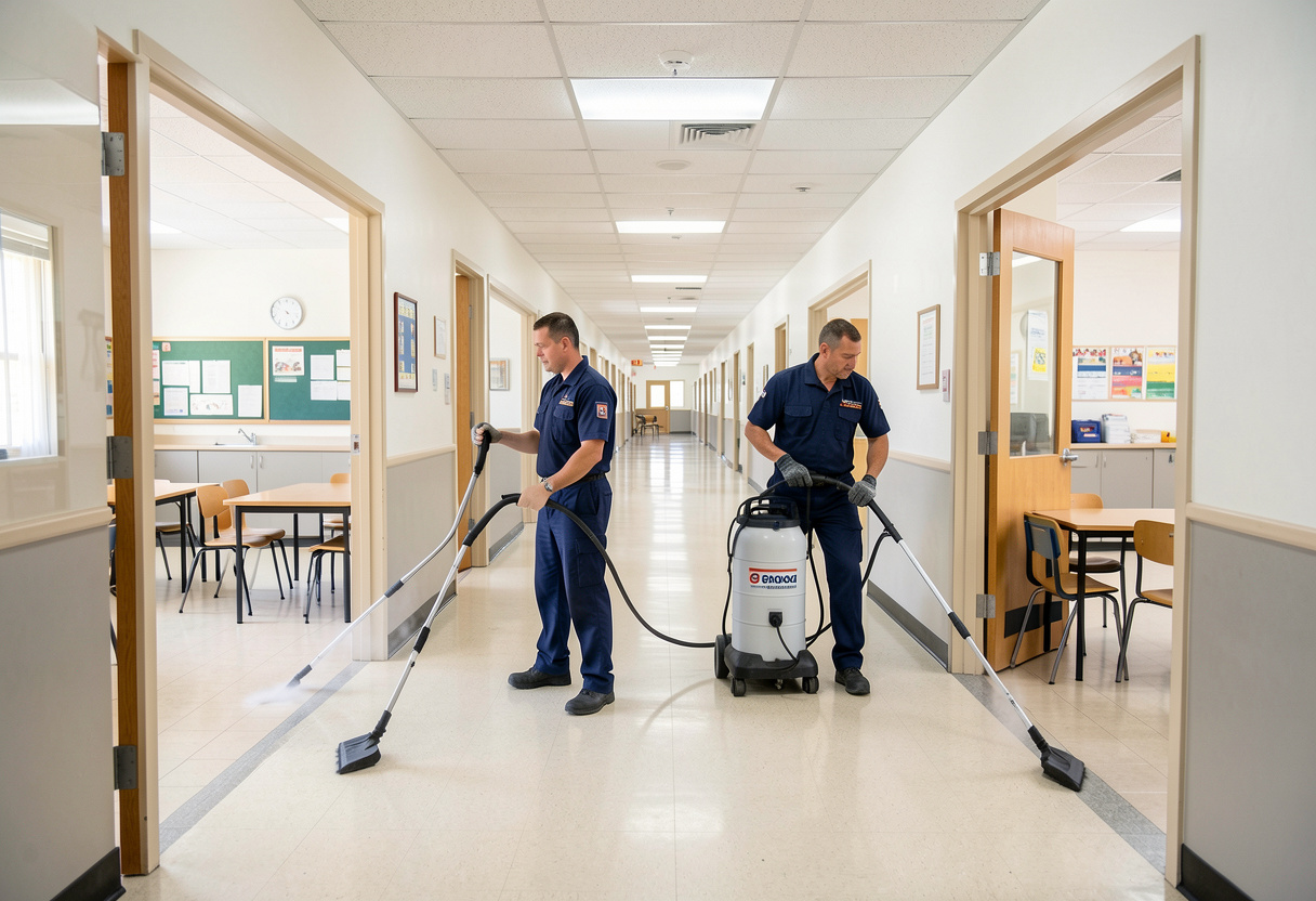 two professional cleaners in uniform in Australian school corridor during school holidays