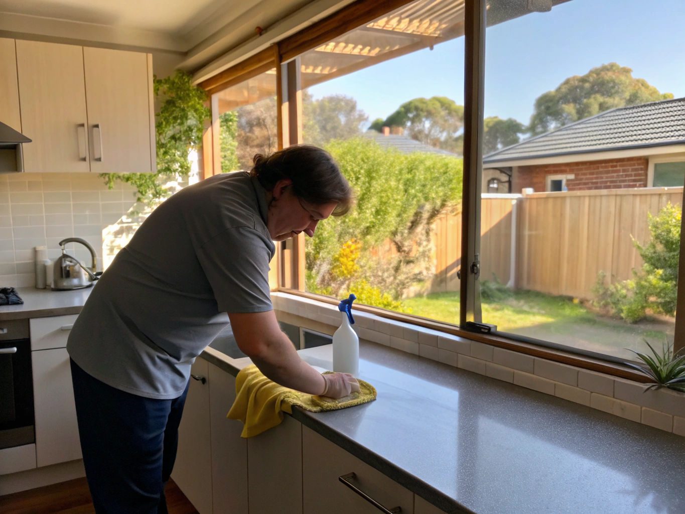 Cleaner wiping a kitchen benchtop in a Newcastle home