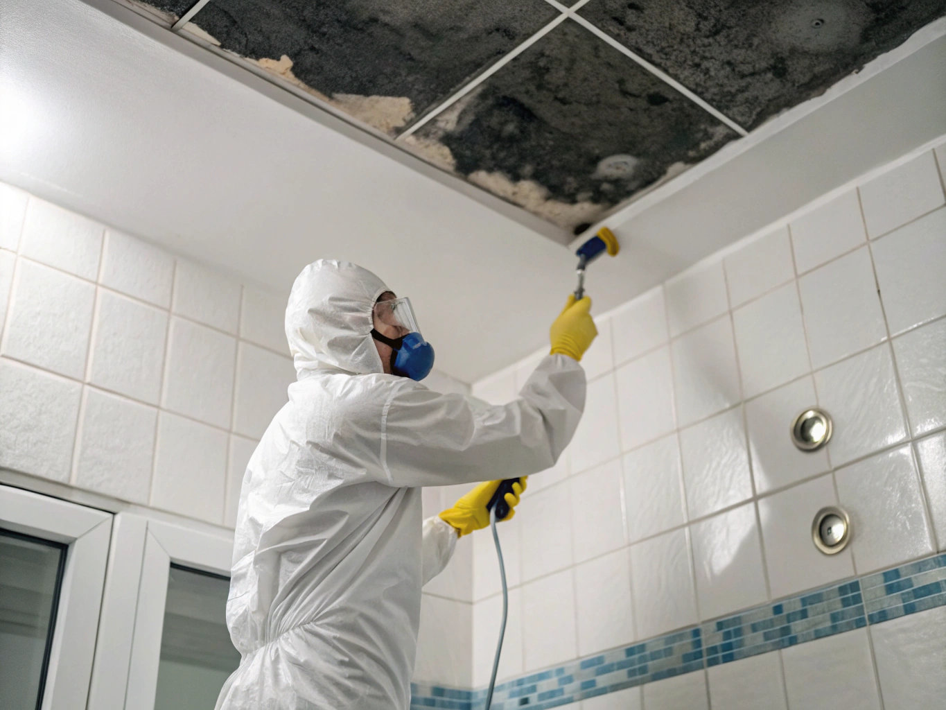 Tradesperson in full PPE treating black mould on a bathroom ceiling in a Newcastle home