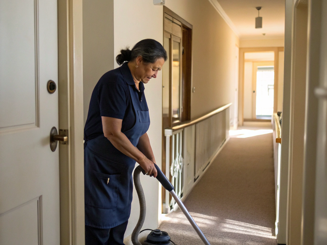 NDIS support cleaner vacuuming an accessible hallway with grab rail in a Newcastle home