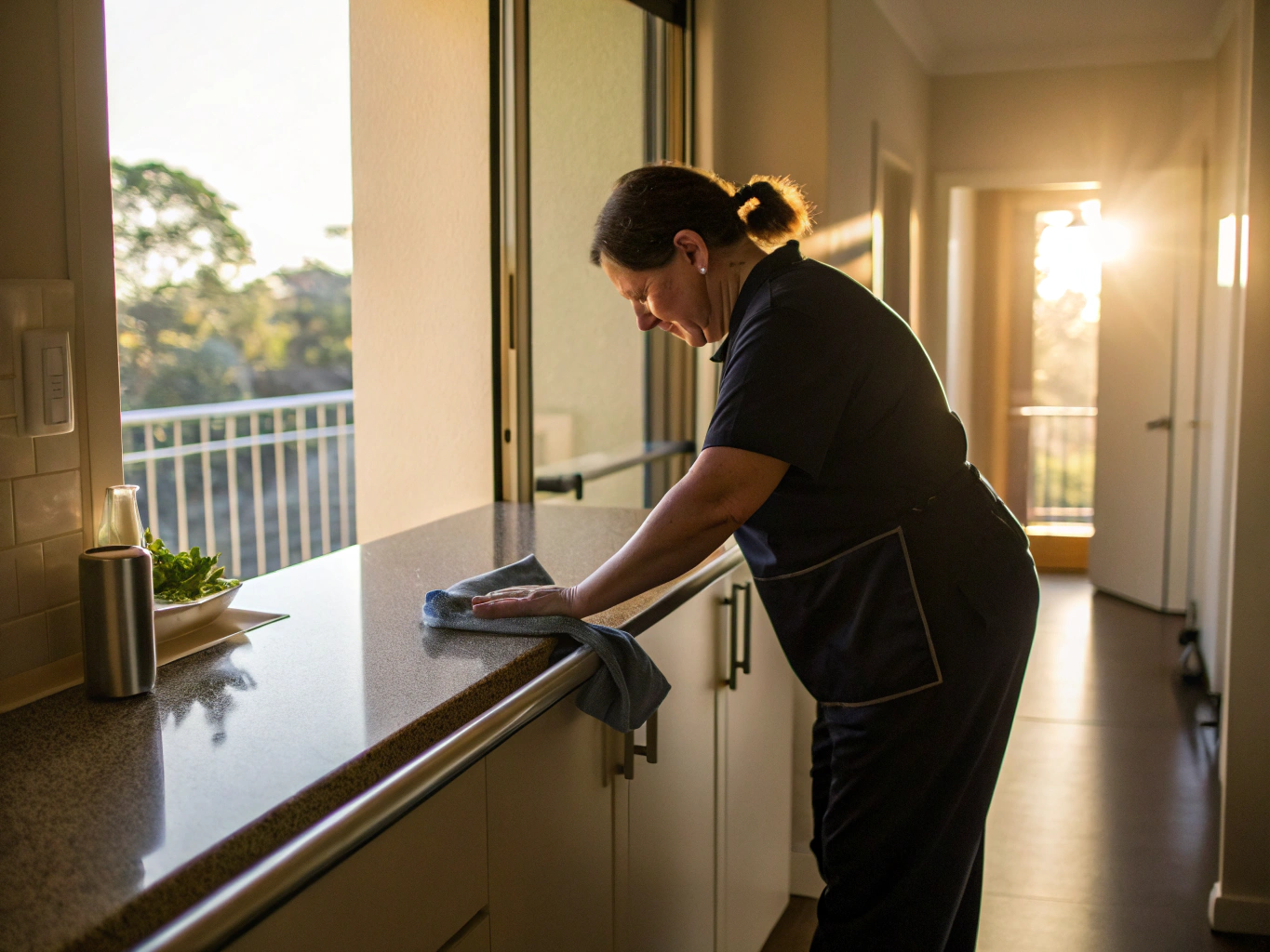 NDIS support cleaner wiping a kitchen benchtop in an accessible Newcastle home