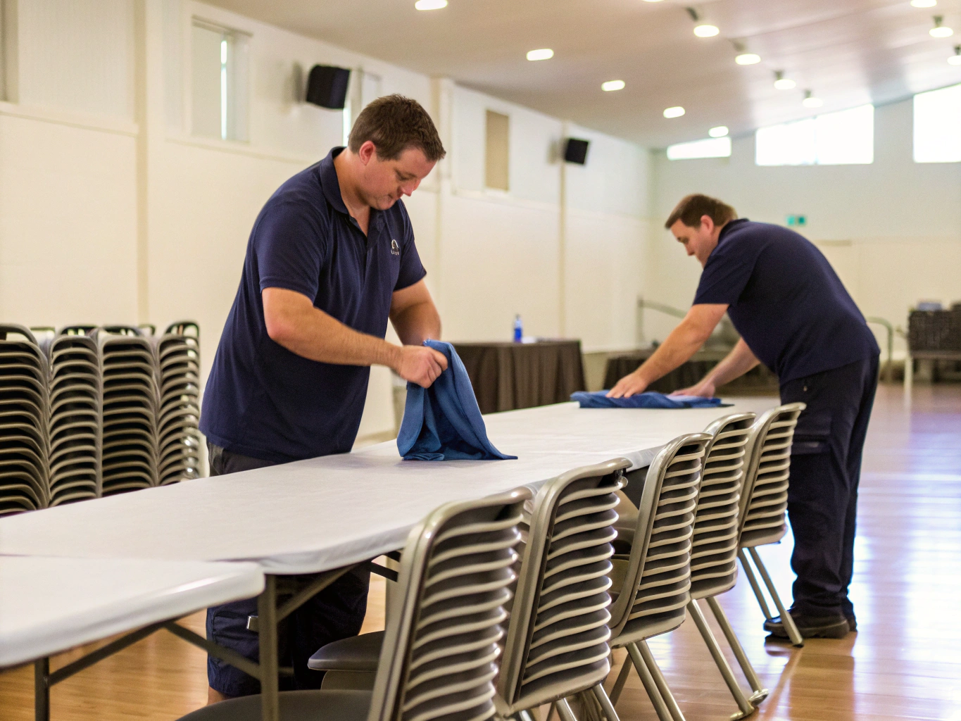 Two cleaners clearing and wiping down tables in a Newcastle function room after an event