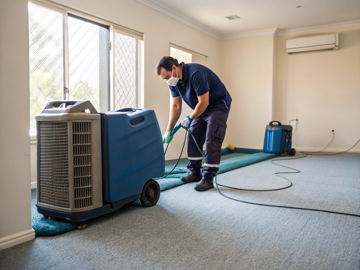 Technician using a carpet water extraction machine and dehumidifier during water damage restoration in a Newcastle home