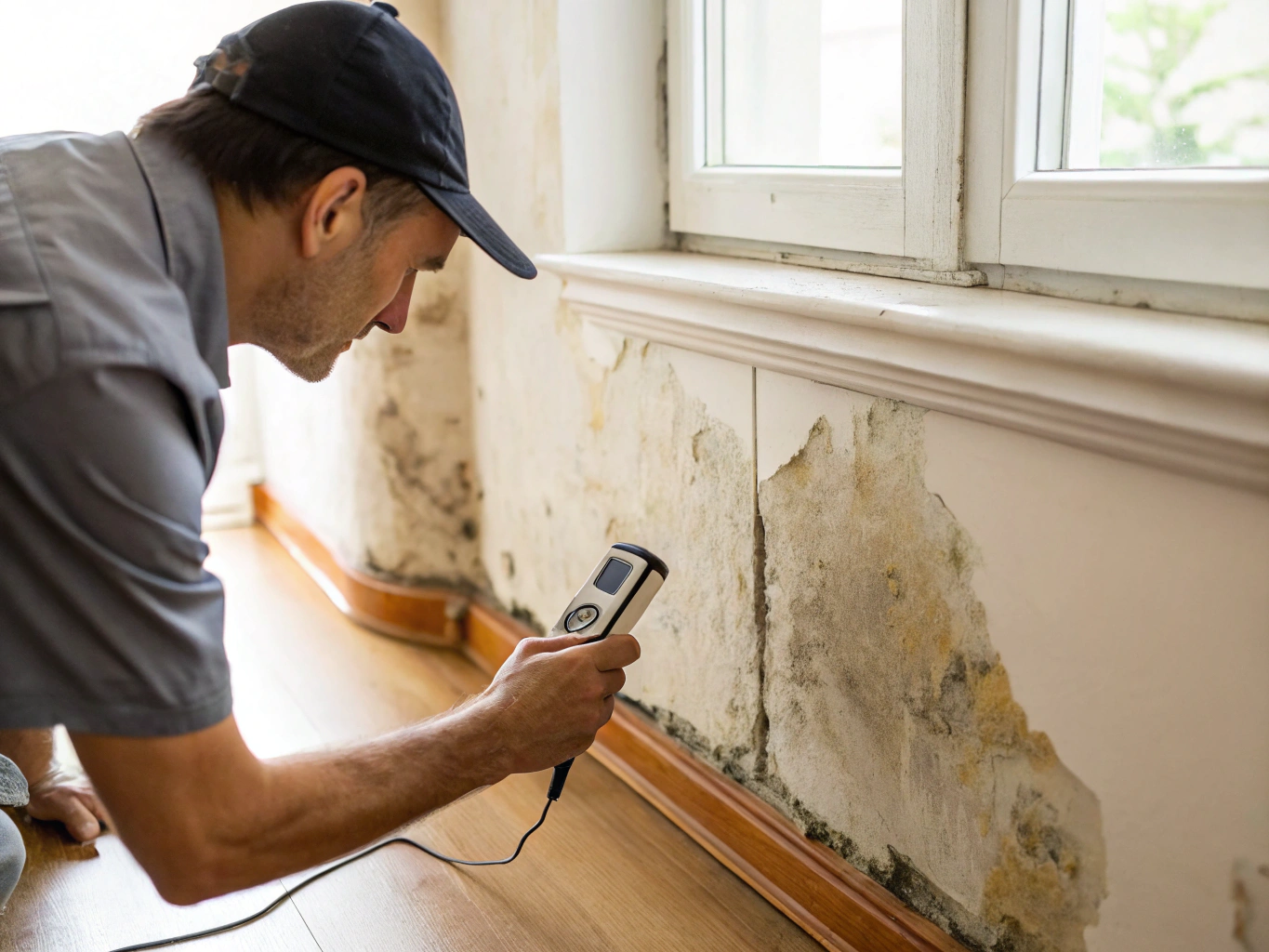Technician checking wall moisture levels near visible mould during assessment in a Newcastle home